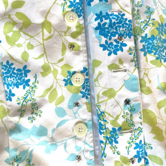 NORDSTROM FLORAL WHITE GREEN BLUE LIGHTWEIGHT KNEE LENGTH TRENCH COAT JACKET Sz6 - Picture 11 of 12